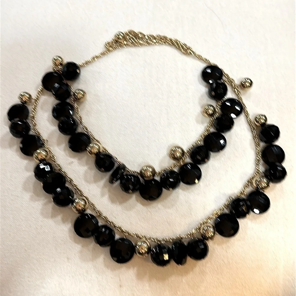 Kate Spade Double Strand Layered Faceted Black & Gold Bead Necklace 29”- EUC